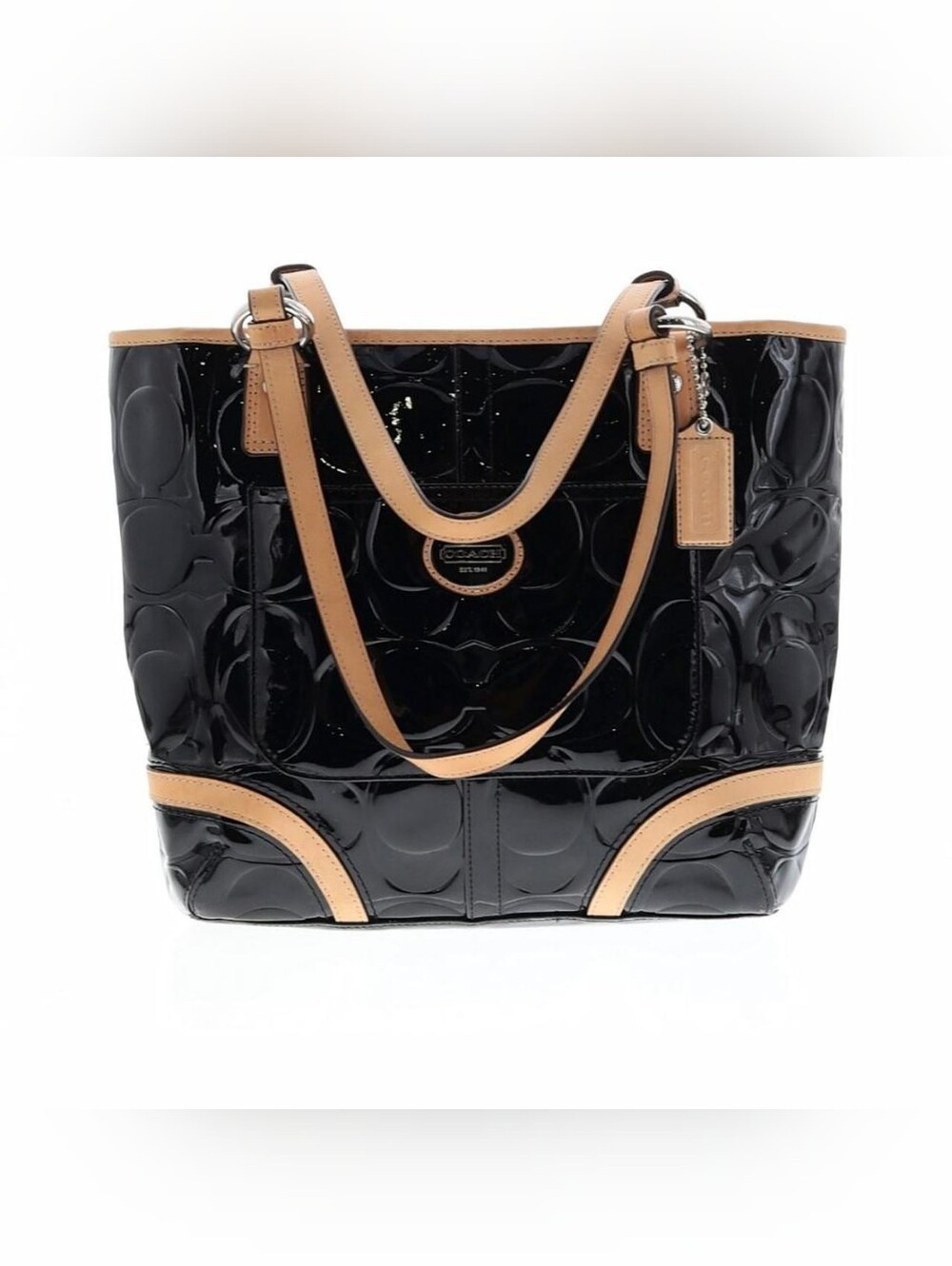 🖤Coach Black Patent Tote with Tan Leather Trim Embossed🖤